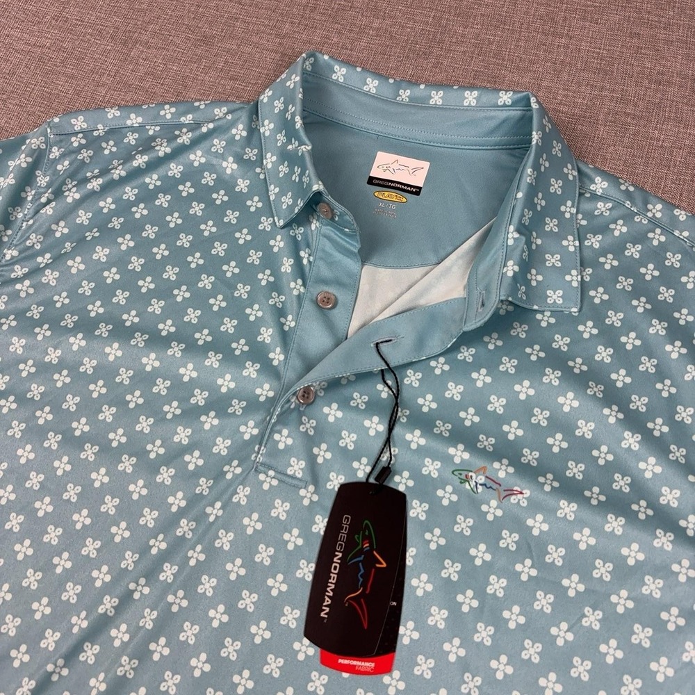 Greg Norman Play Dry Polo Shirt Mens XL Blue Floral Print Golf Short Sleeve